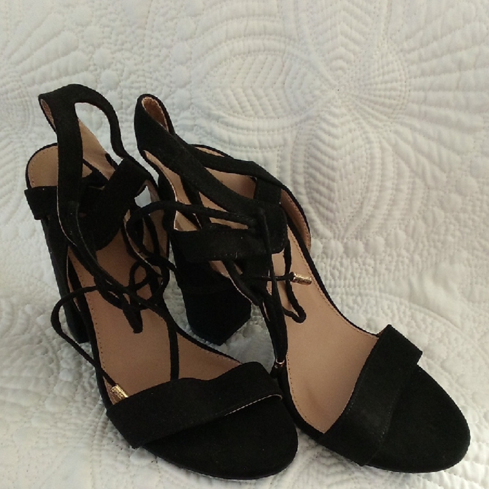 Lace Up Black Faux Suede Heels